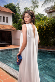 Váy Maxi Chiffon Trắng Cổ Halterneck
