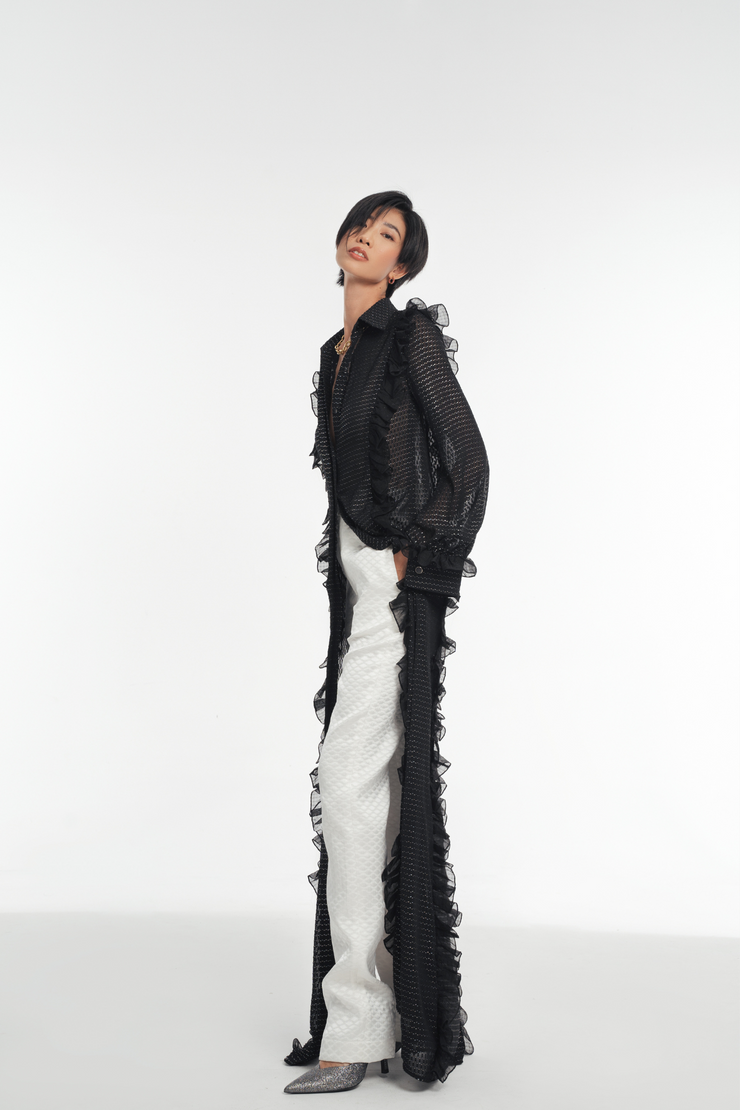 Ramella Sheer Chiffon Ruffle Slit Top
