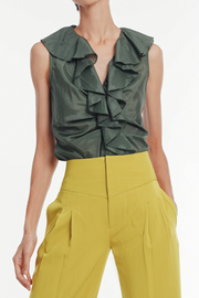 Carlynn Ruffle-Trim Silk Top - Moss Green