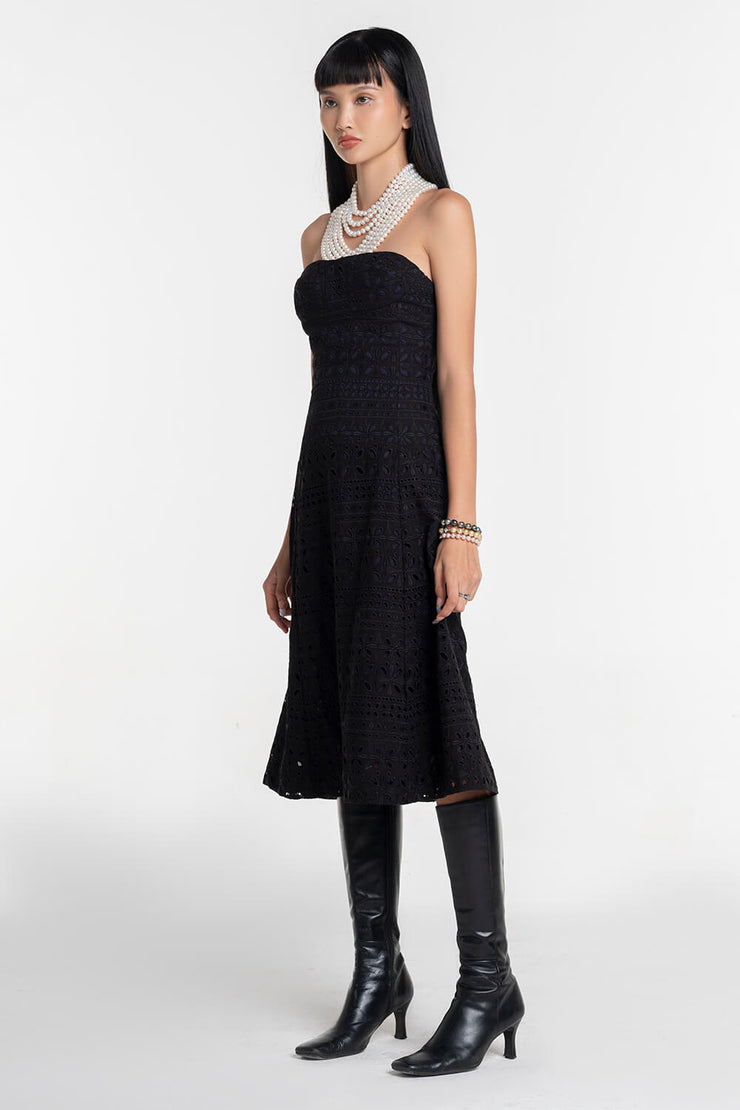 Floret Lace In Black Midi Strapless Dress